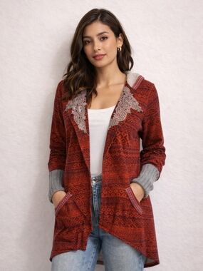 BKE Bohemian Burgundy and Gray Hooded Longline Embroidered Cardigan Duster